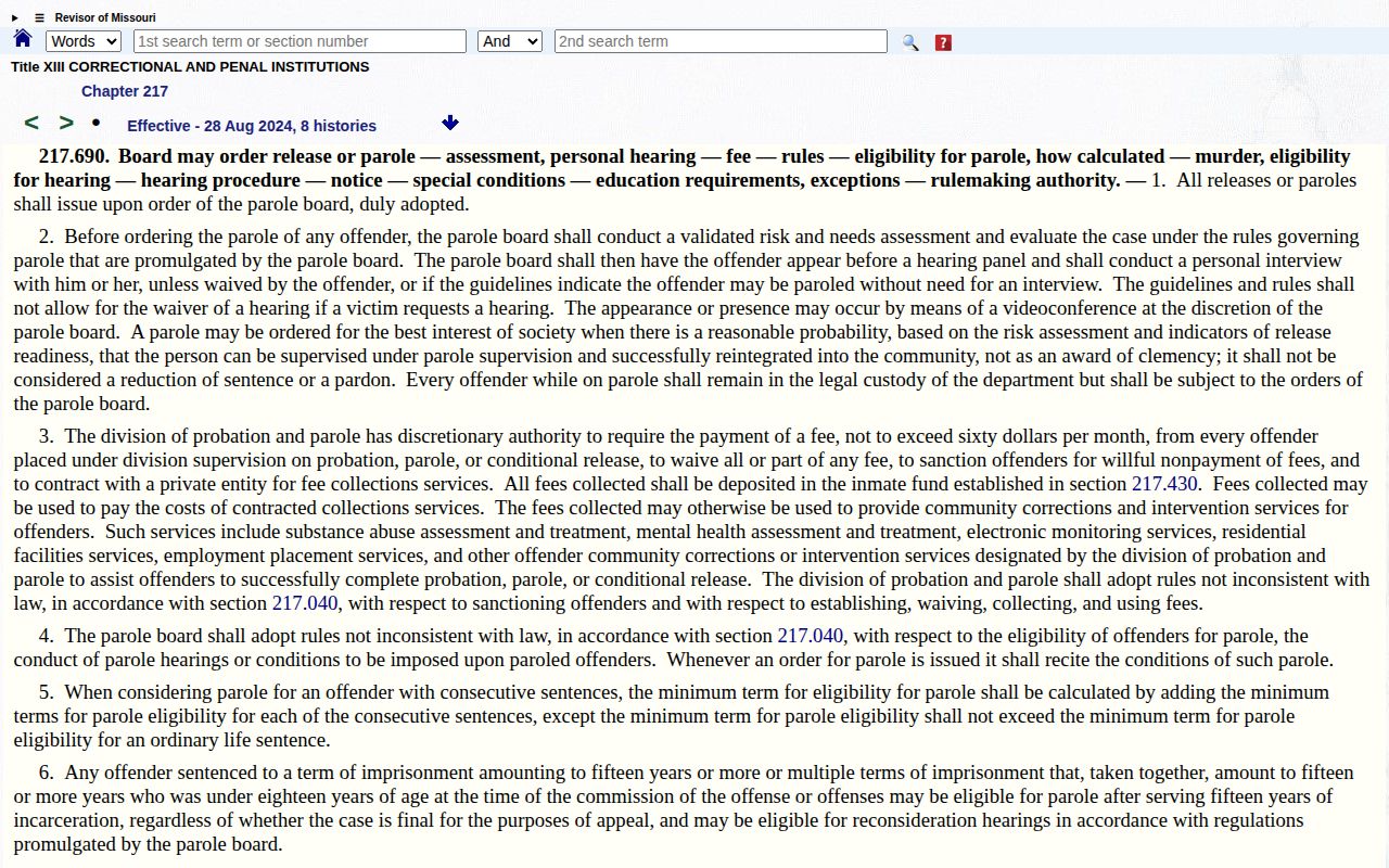 Missouri parole law related to Franklin County detention releases