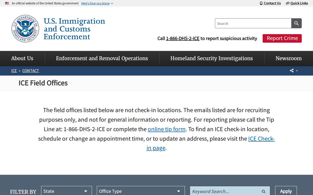ICE field office contacts for Franklin County detention and release status