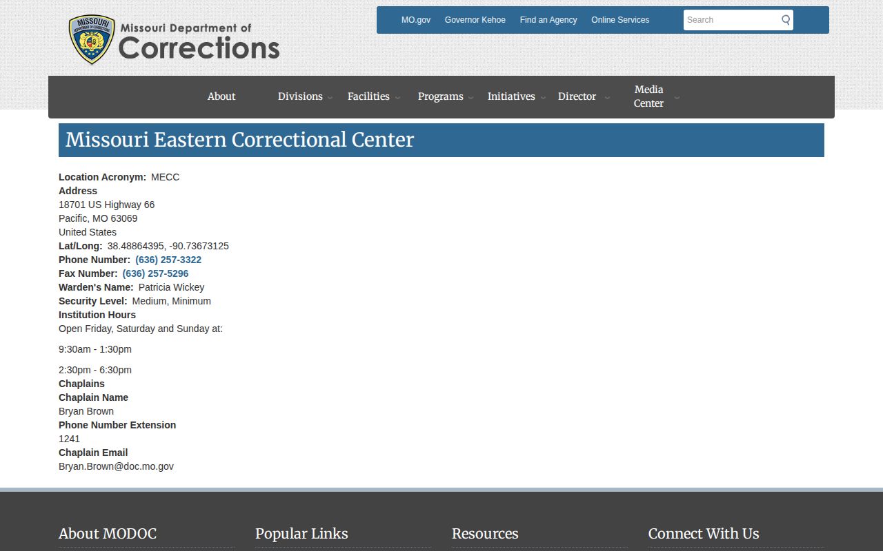 Missouri Eastern Correctional Center release and facility information