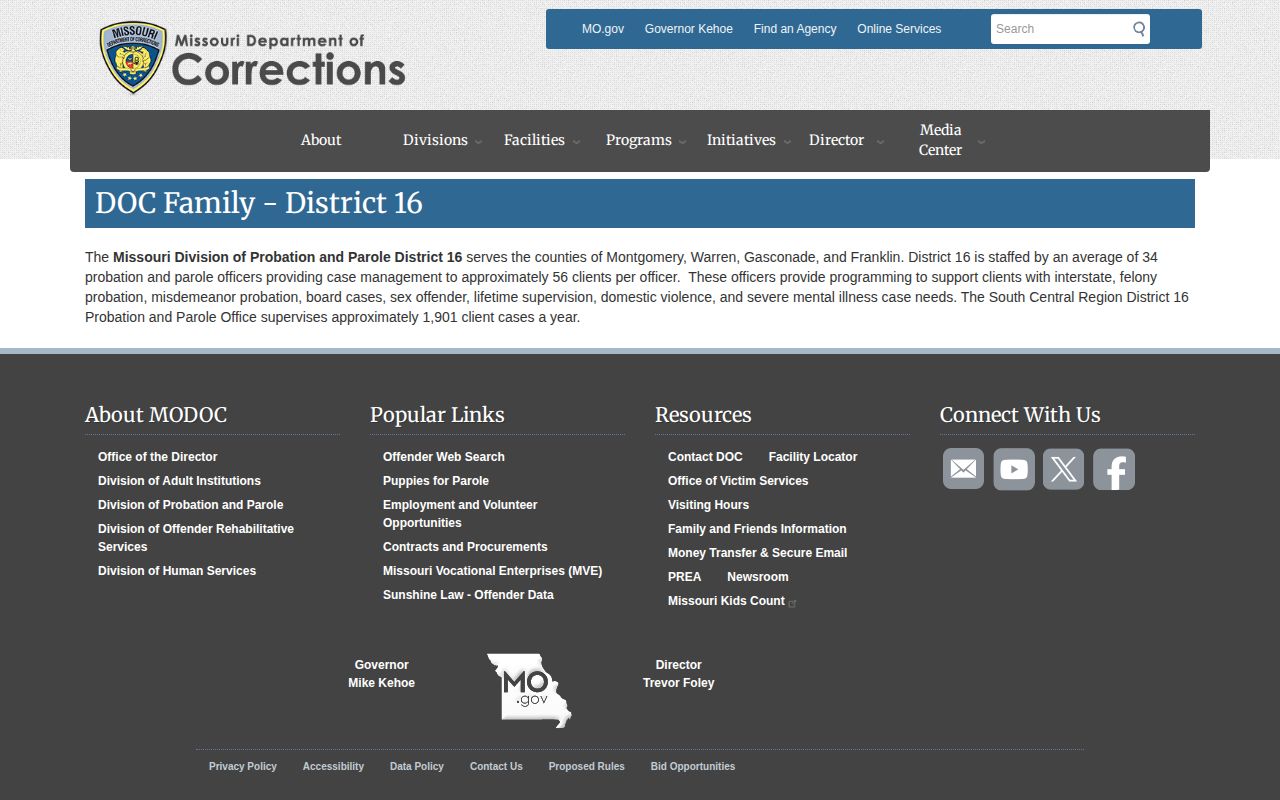 Missouri Probation and Parole District 16 Union office webpage