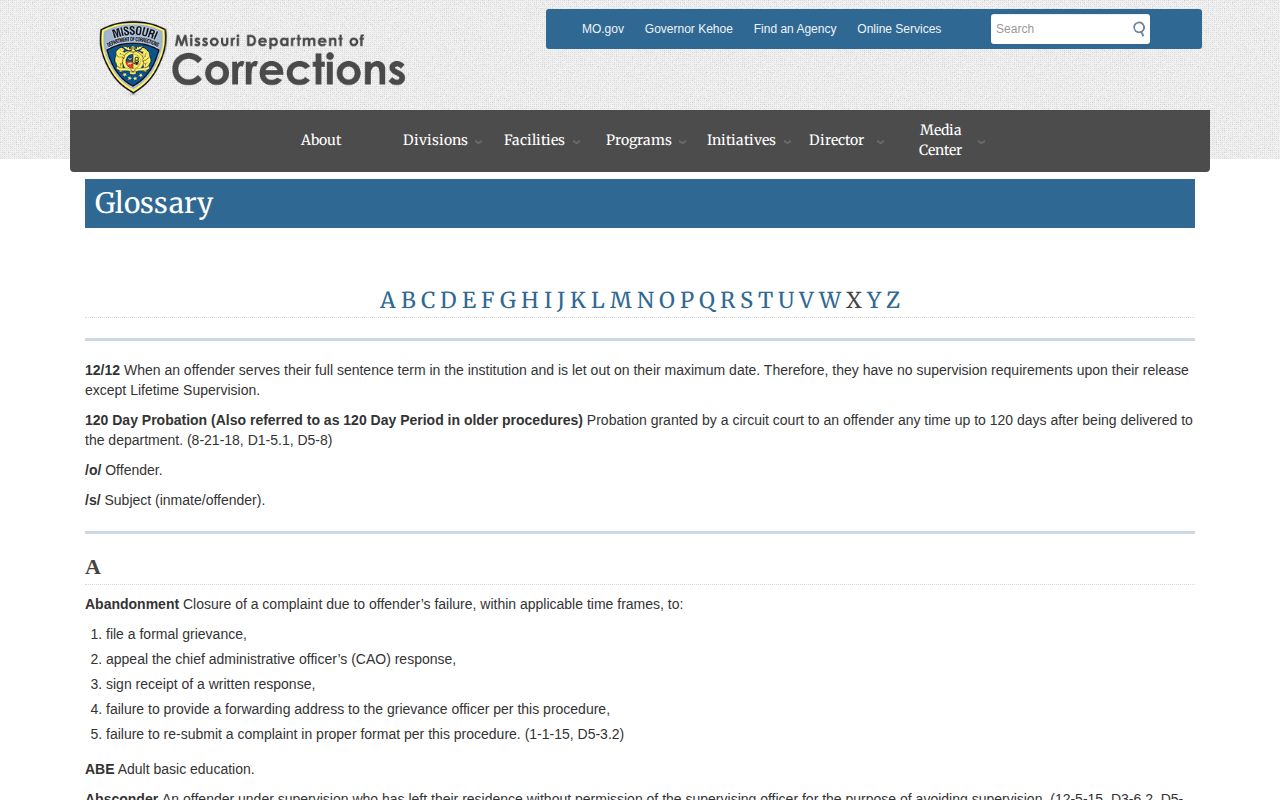 Missouri DOC glossary page for projected and presumptive release terminology